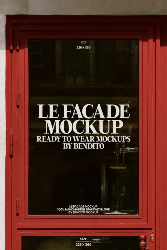 Red window facade mockup displaying text for designers. Perfect for showcasing digital assets. Keywords: mockup, design, template, graphics.
