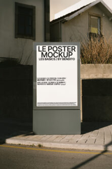 White poster mockup with black typography on concrete street fixture
