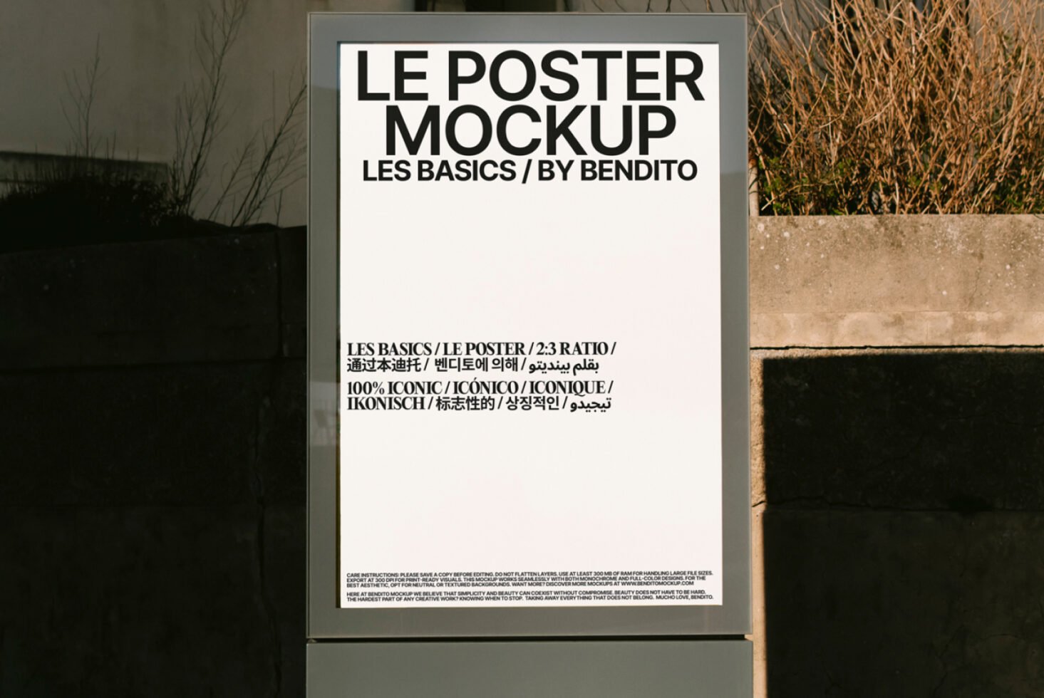 Outdoor poster mockup in urban setting with minimalist design, showcasing text in multiple languages. Ideal for designers needing 2:3 ratio advertising templates.
