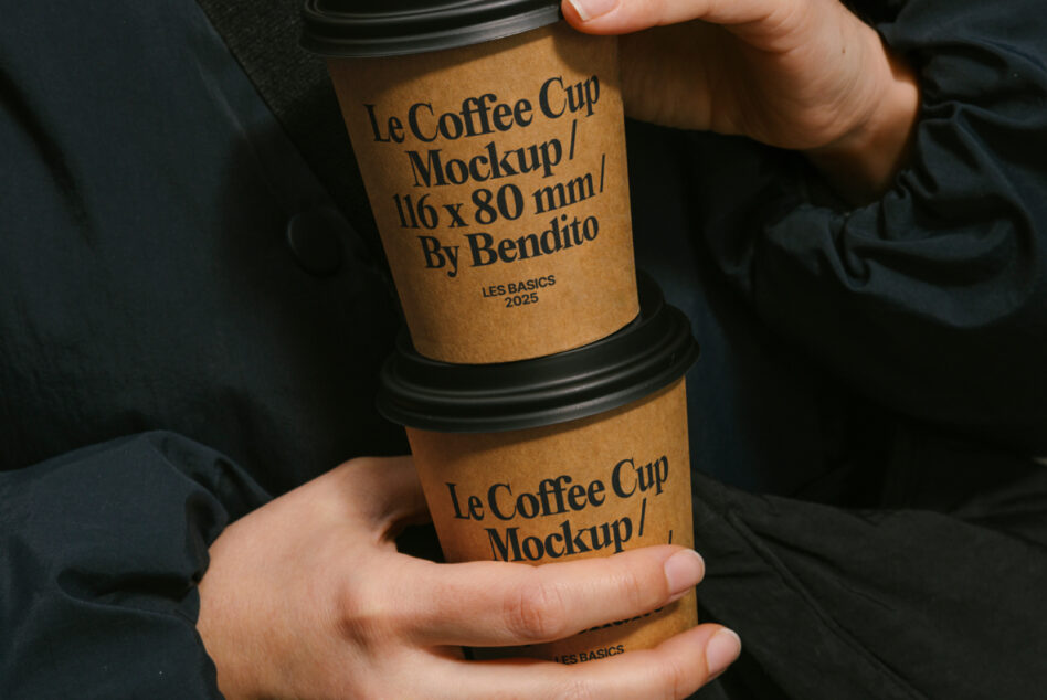Two stacked kraft coffee cups with black lids held in hands, showing label mockup