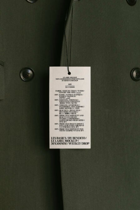 White hang tag with black text on olive green fabric with black button details