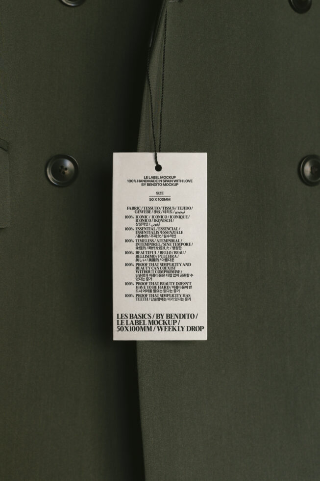 Olive green fabric background with a realistic clothing tag mockup hanging, showcasing product details. Ideal for designers in need of apparel mockups.