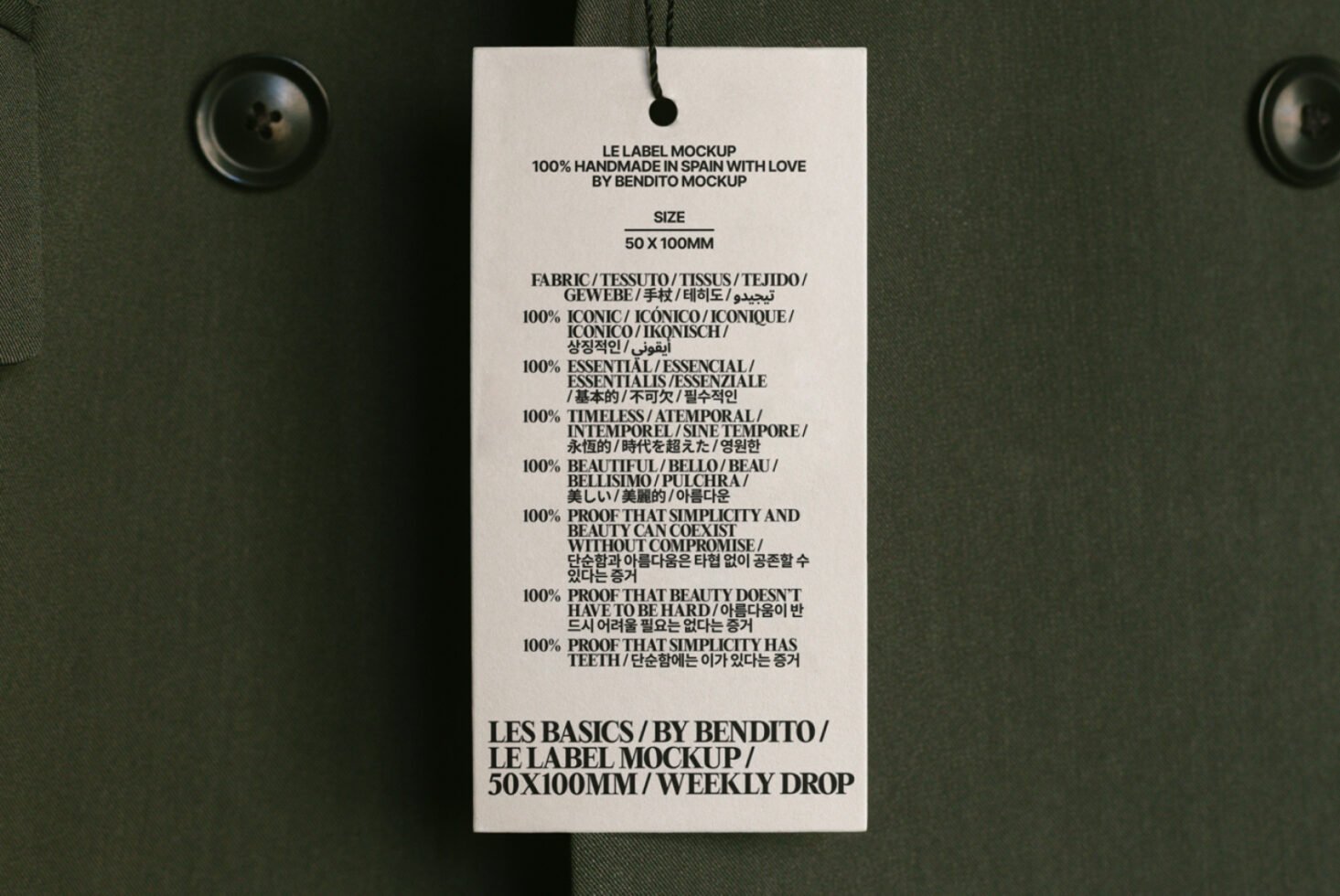 Label mockup on olive fabric background ideal for designers. Features multilingual text showcasing versatile tag design. Perfect for branding projects.