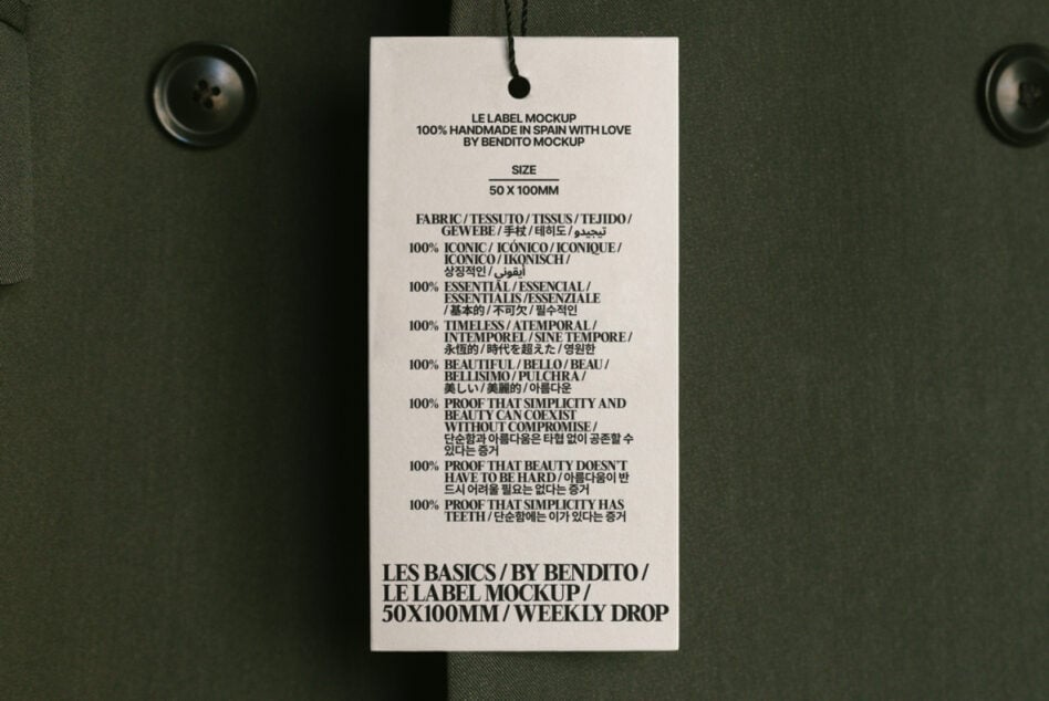 White hang tag with black text on sage green fabric with black button details