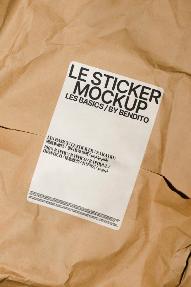 Sticker mockup on crumpled brown paper texture ideal for showcasing design projects. Perfect for designers seeking realistic mockup templates.