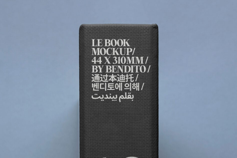 Dark textured book cover mockup with white multilingual text layout