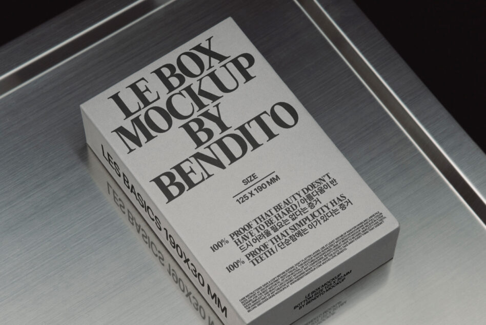 Le Box Mockup on a metallic surface, showcasing minimalistic packaging design. Perfect for designers seeking versatile mockups and graphics resources.