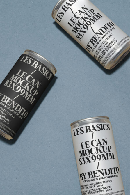 Three beverage cans mockup on blue surface with labels