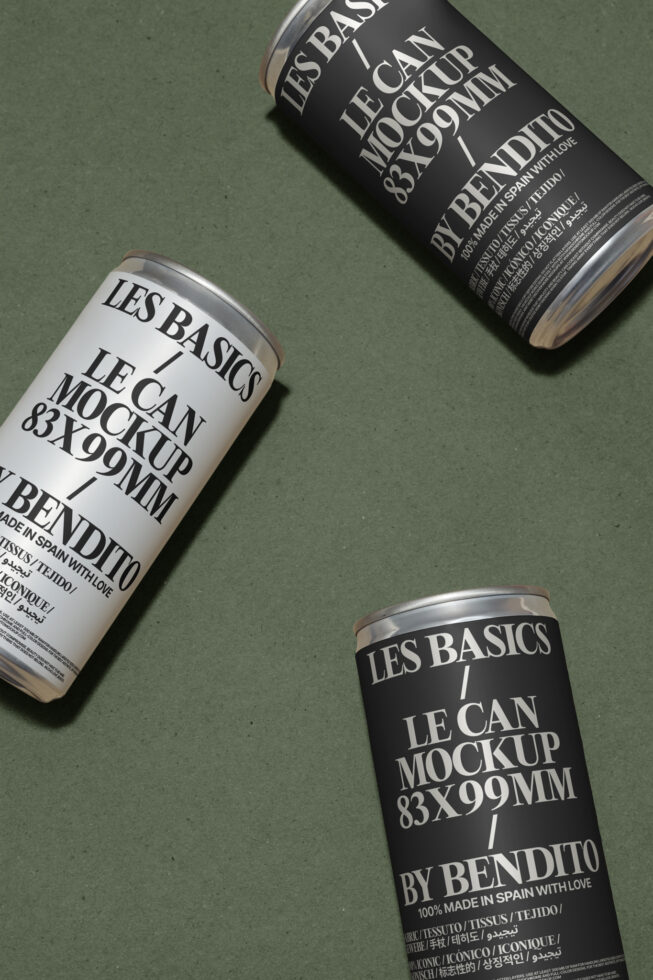 Three 83x99mm can mockups on green background. Ideal for packaging design. Perfect for showcasing branding concepts and product design presentations.