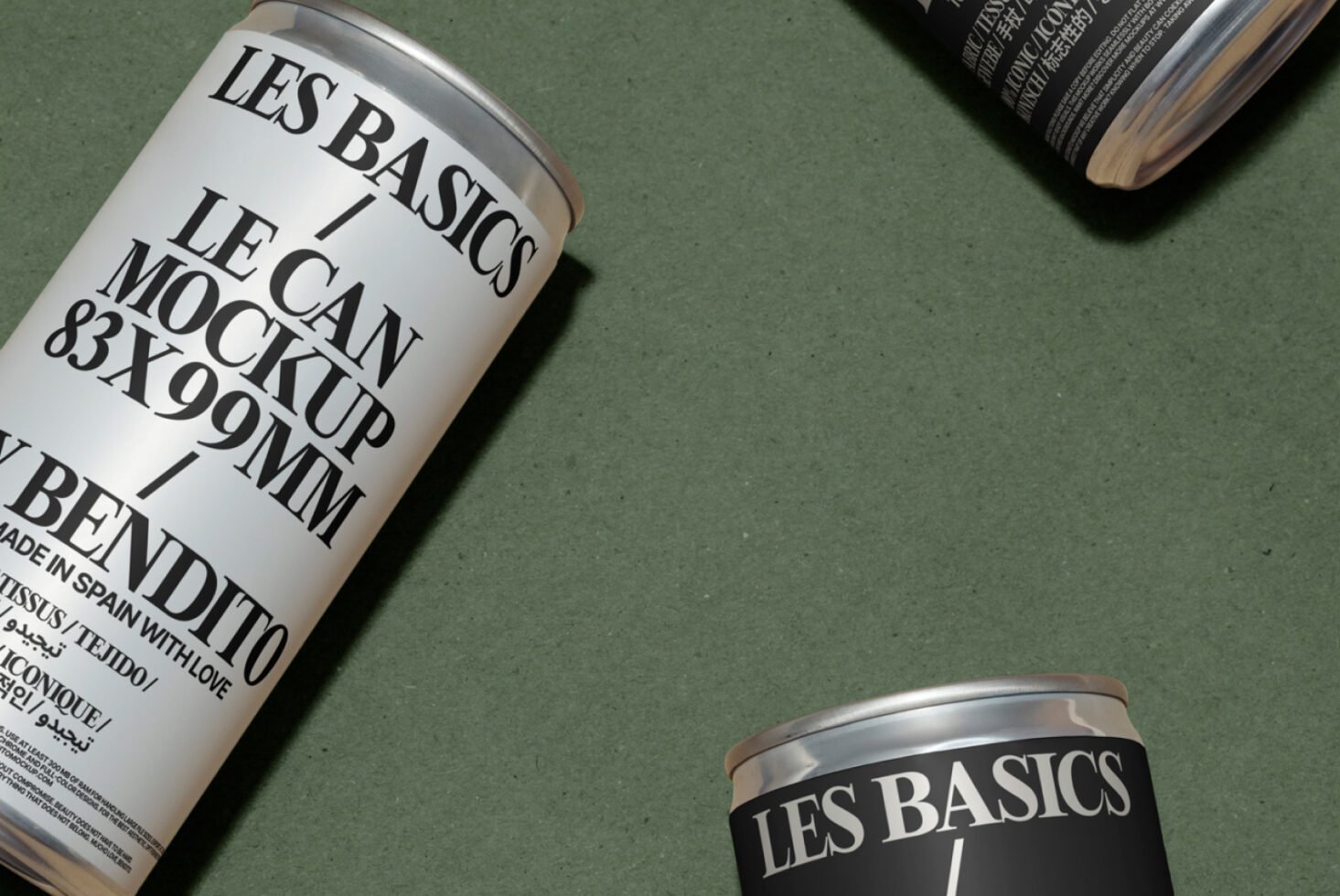 Can mockup design featuring Les Basics branding displayed on textured green background. Ideal for designers needing customizable packaging templates.