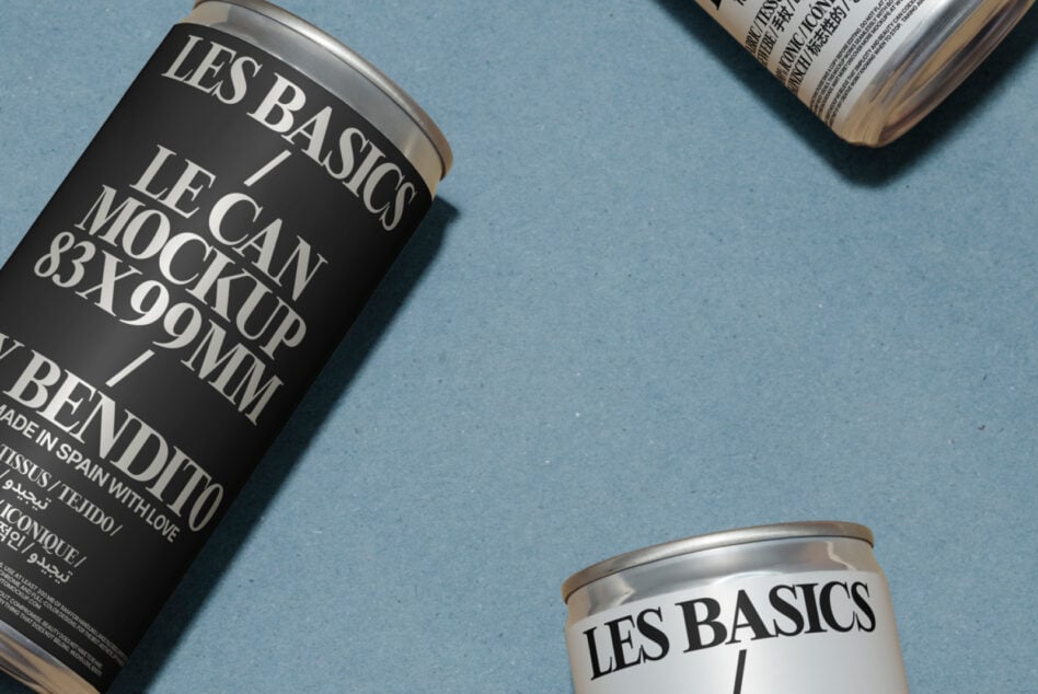Black can mockup with Les Basics branding on blue background