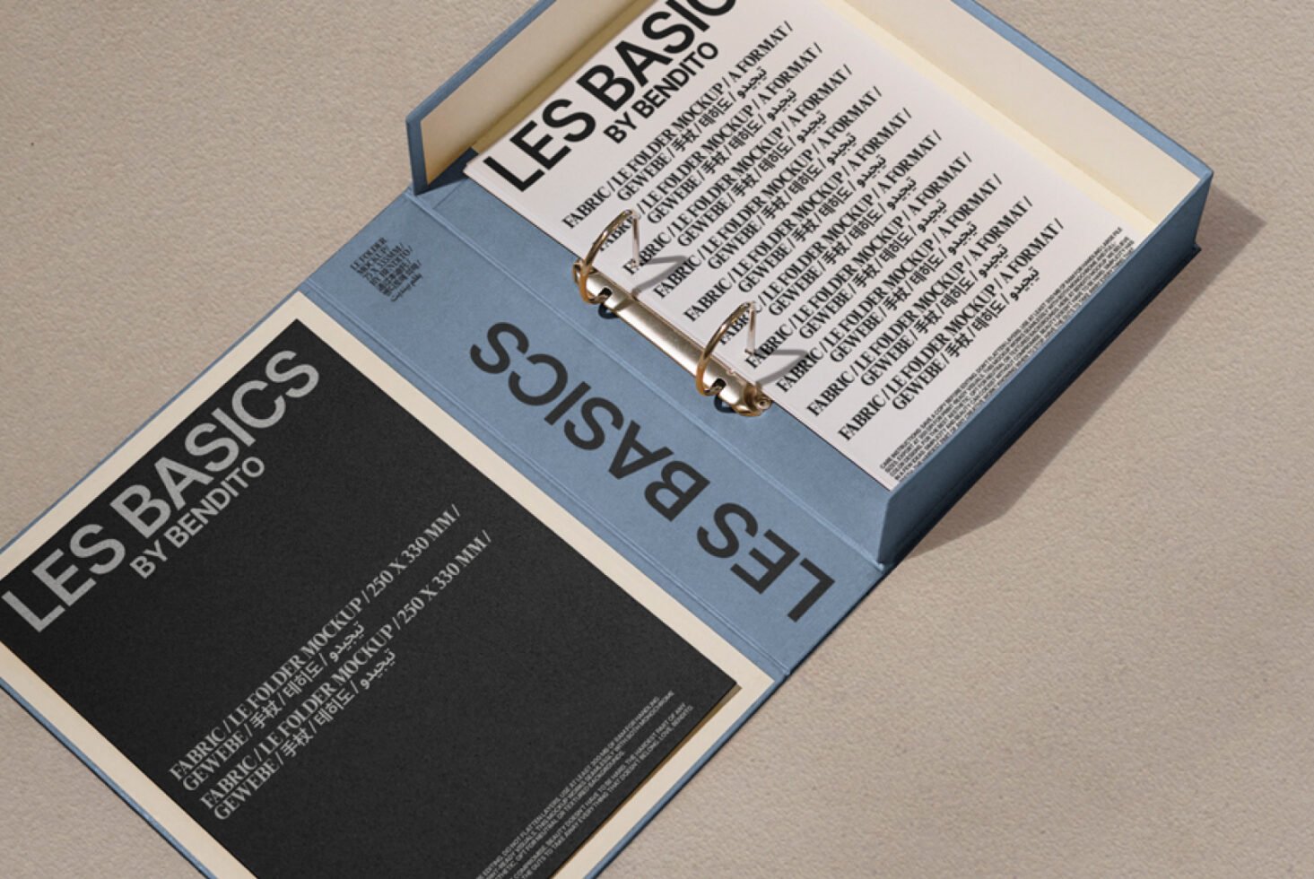 Open blue binder displaying a minimalistic fabric folder mockup design with text Les Basics in A4 size, perfect for designers seeking stylish templates.