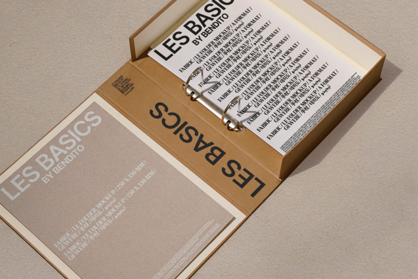 Fabric folder mockup with a cardboard design featuring typography and organized layout. Ideal for showcasing design templates and presentation graphics.