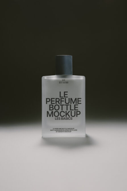 Frosted perfume bottle mockup with dark cap centered on soft gradient background