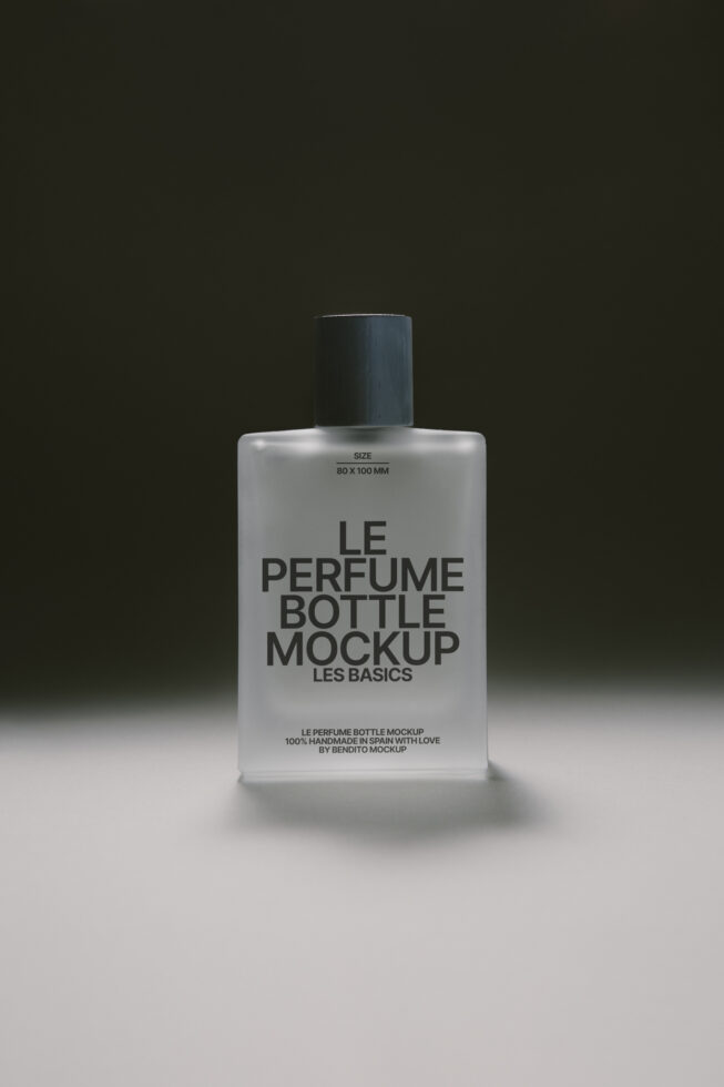 Perfume bottle mockup featuring minimalist design with sleek gray cap and modern typography suitable for designers seeking high-quality product mockups.