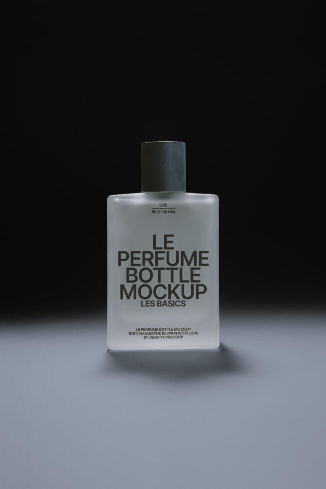 Perfume bottle mockup on dark background suitable for showcasing fragrance designs digital assets templates for designers in graphics and branding.