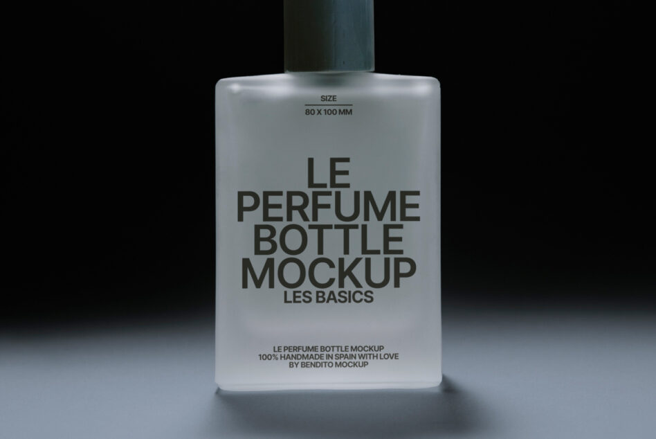 Frosted glass perfume bottle mockup with black text on wooden surface