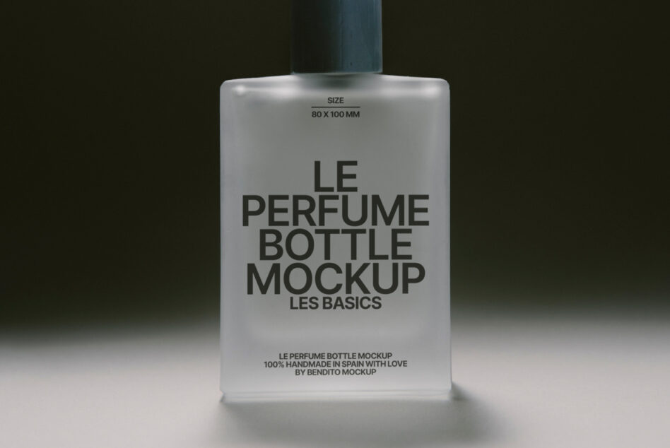 Frosted glass perfume bottle mockup with black text on neutral background