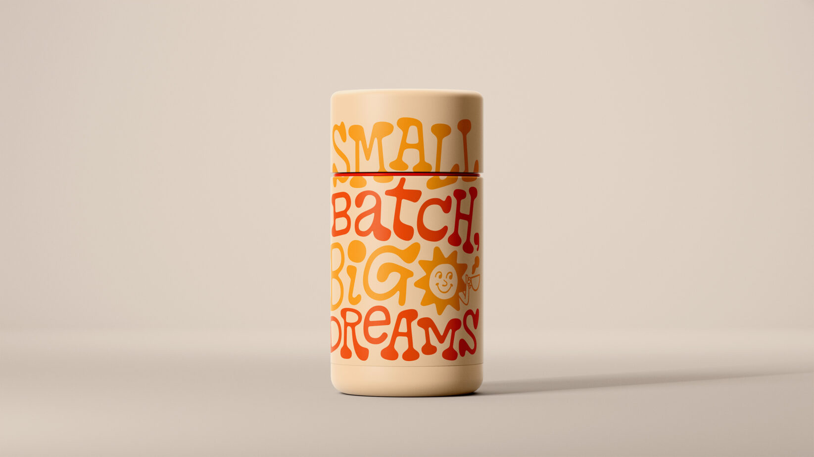 Vibrant cylindrical packaging design with playful typography in orange and yellow Small Batch Big Dreams ideal for branding mockups and product presentations.