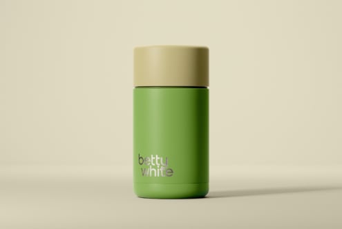 Green and beige cylindrical container mockup on a neutral background perfect for branding design packaging mockups product presentation SEO elements
