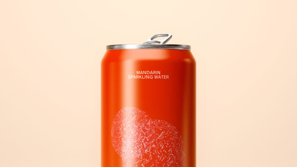 Modern mockup of an orange can labeled Mandarin Sparkling Water set against a soft background ideal for designers seeking packaging inspiration and branding.