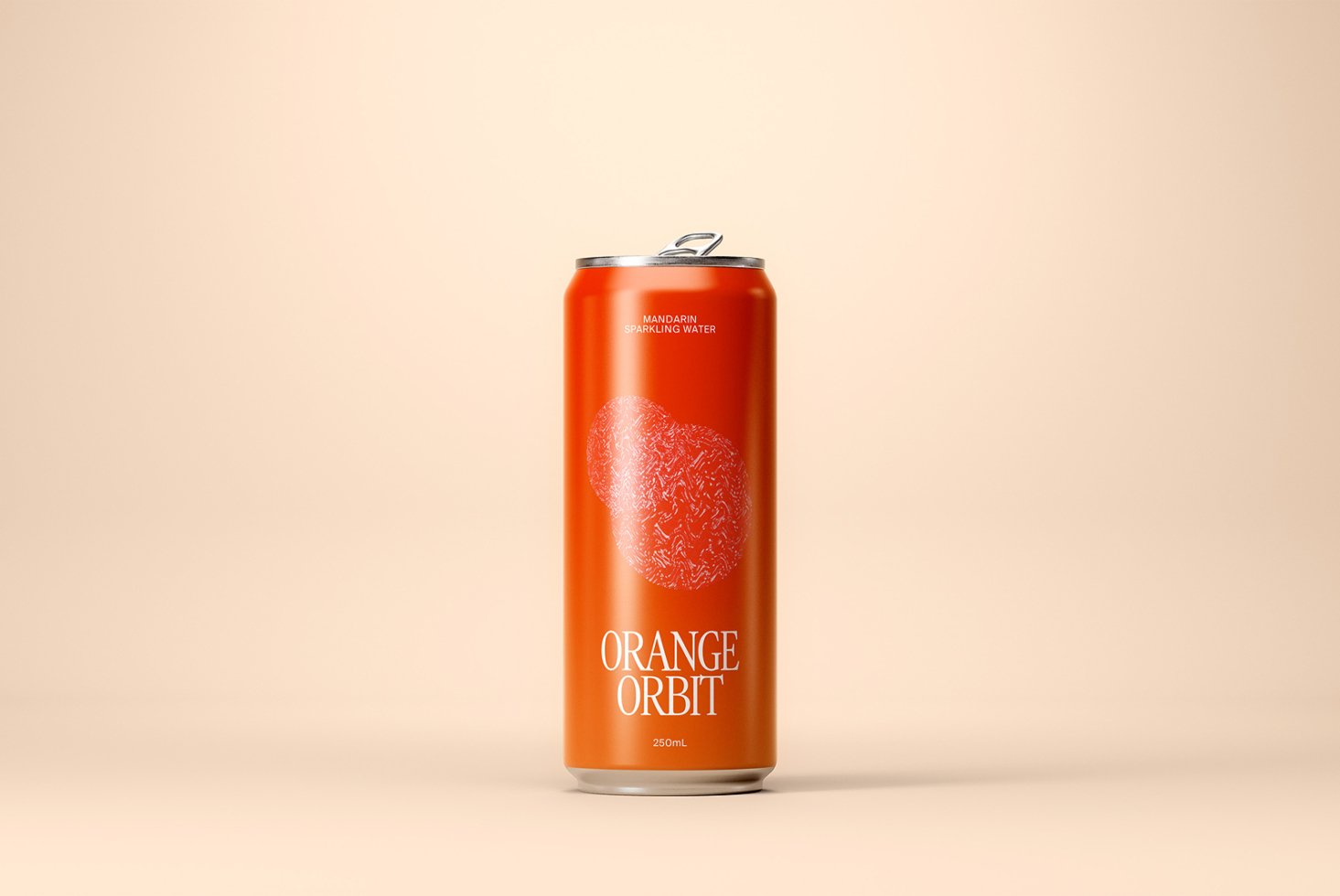 Can mockup featuring an orange soda can with minimalist design on a beige background perfect for product presentations and branding visuals.