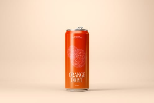 Can mockup featuring an orange soda can with minimalist design on a beige background perfect for product presentations and branding visuals.