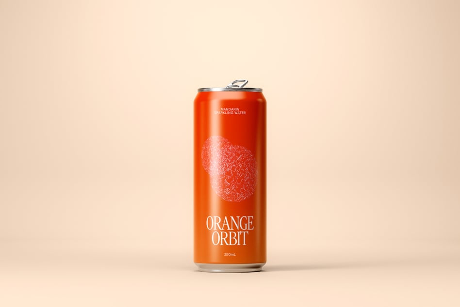 Can mockup featuring an orange soda can with minimalist design on a beige background perfect for product presentations and branding visuals.
