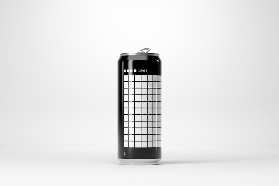 Black soda can mockup with grid pattern on white background suitable for designers digital assets marketplace sleek packaging template branding