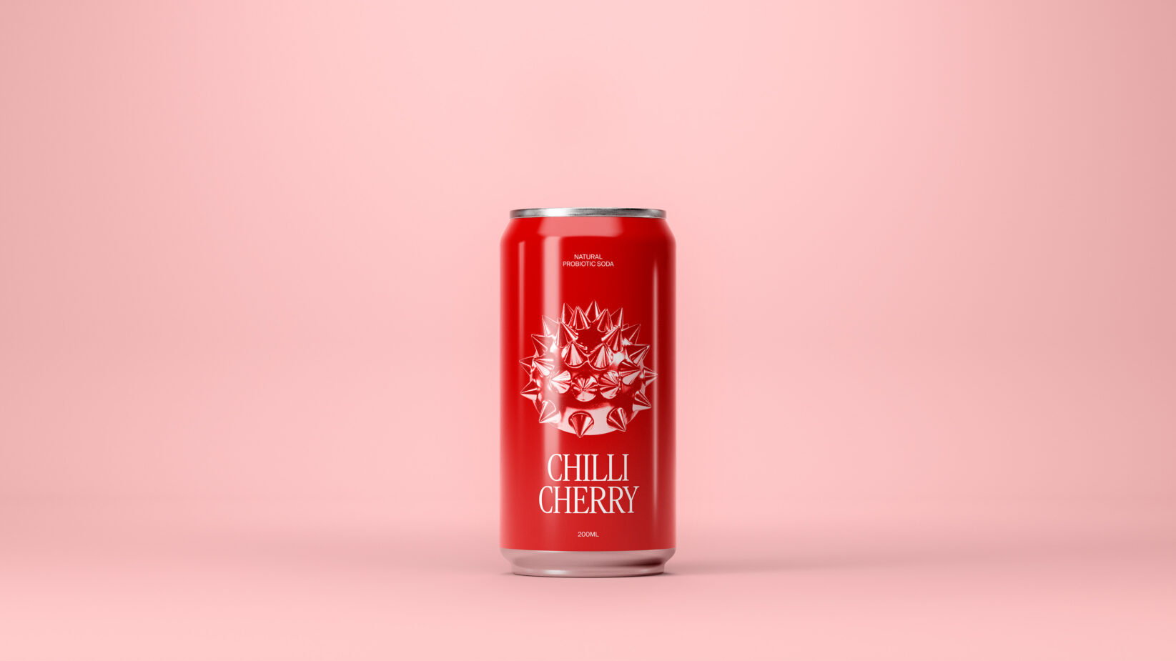 Red soda can labeled Chilli Cherry, natural probiotic drink design on a pink background. Ideal for mockups, beverage branding, designer assets.