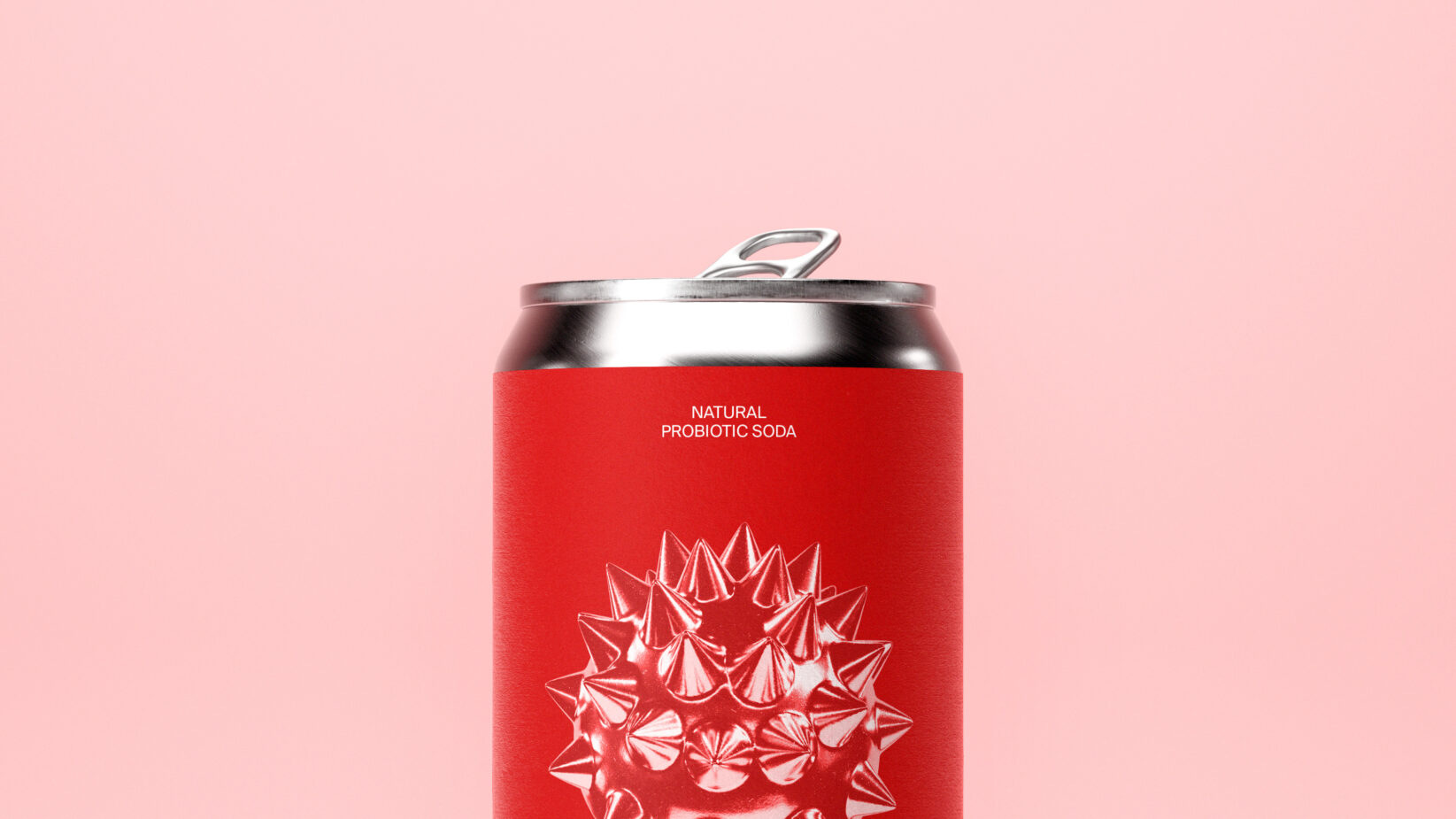 Red soda can mockup with spiky design on pink background for designers. Keywords: mockup, packaging, product design, beverage, branding, template.