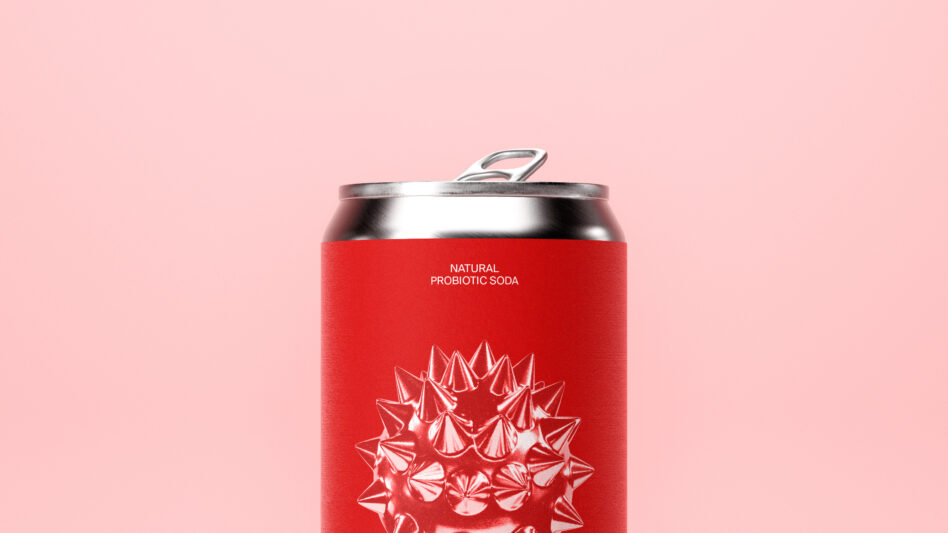 Red soda can with spiked design showing natural probiotic soda label