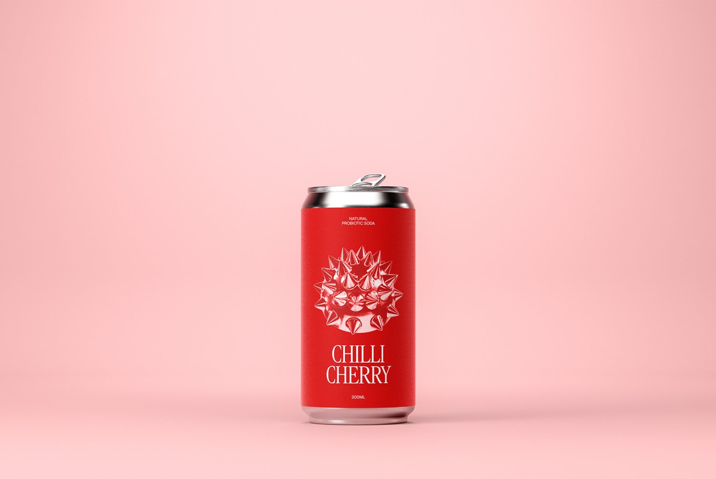 Red soda can mockup on pink background, features bold text and spiky graphic design, perfect for beverage branding, packaging templates and designers.