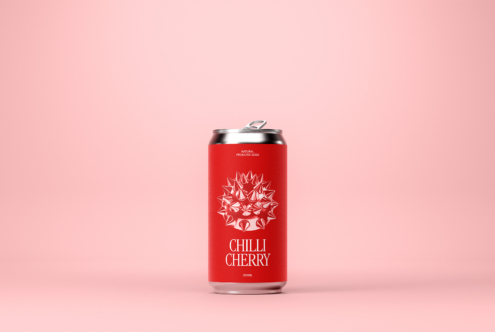 Red soda can mockup on pink background, features bold text and spiky graphic design, perfect for beverage branding, packaging templates and designers.