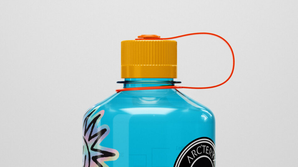 Turquoise bottle with yellow cap, orange cord handle, colorful sticker details