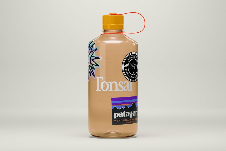 Nalgene water bottle with yellow cap, patagonia logo, colorful gradient label