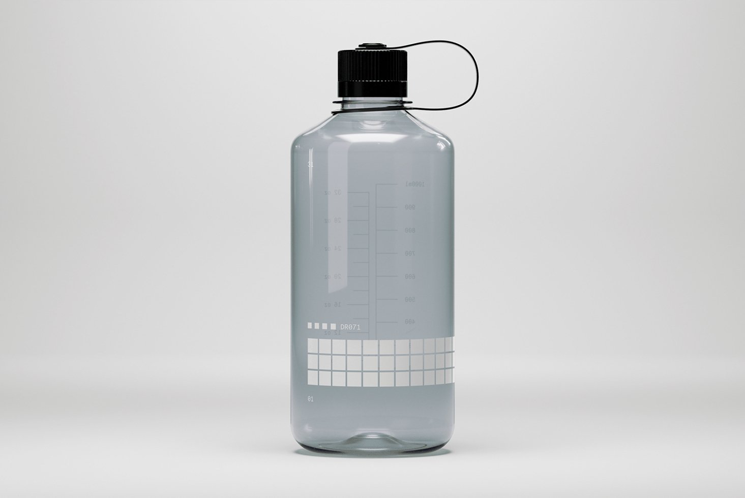 Minimalist water bottle mockup in transparent design featuring a black cap with a loop. Ideal for branding presentations or product packaging concepts.