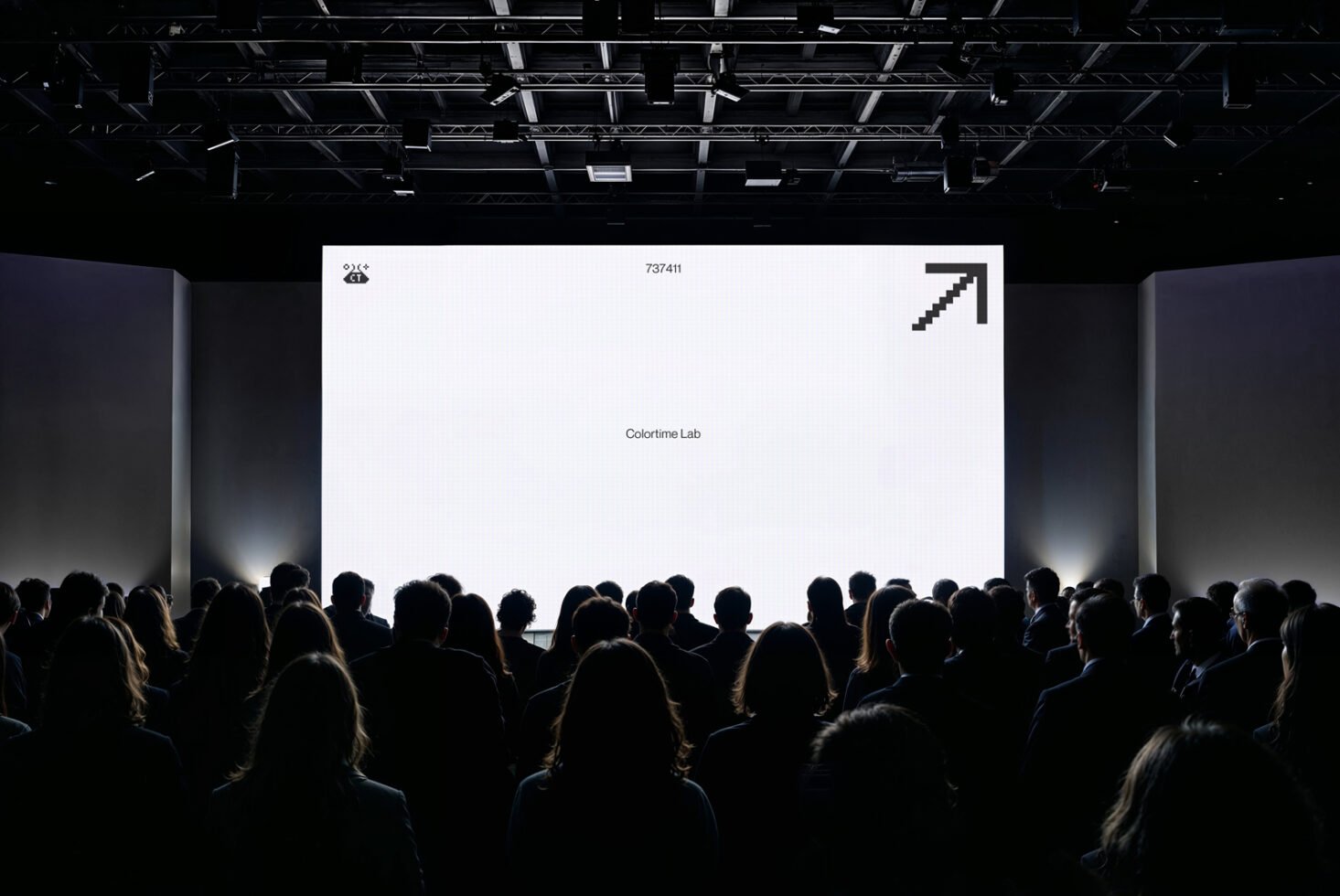 Conference audience viewing a large screen presentation in a dark room. Perfect for mockup templates, digital business graphics, event design assets.
