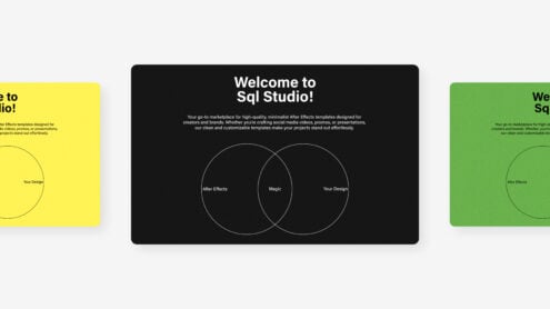 Welcome to Sq Studio image showcasing minimalist After Effects templates for designers featuring a Venn diagram with magic design elements.