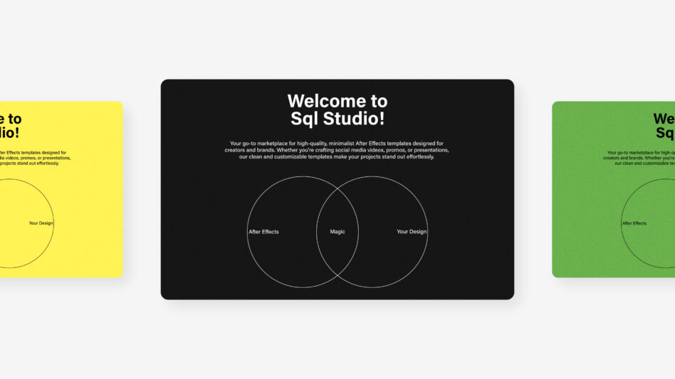 Welcome to Sq Studio image showcasing minimalist After Effects templates for designers featuring a Venn diagram with magic design elements.