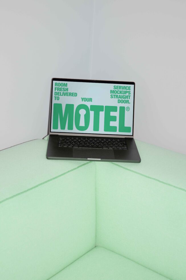 Laptop displaying Motel mockup text on screen placed on light green couch. Perfect for showcasing creative templates, graphics, and mockup designs.