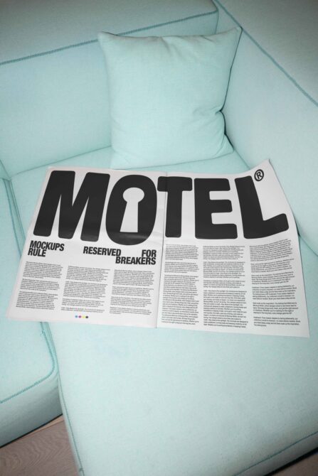 Motel magazine spread on mint green couch with pillows showing article text