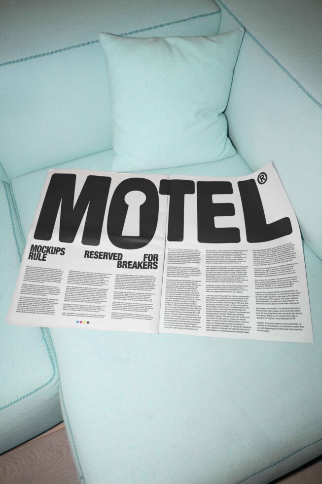 Magazine mockup on a pastel couch featuring bold typography and design elements. Ideal for showcasing graphic templates and editorial layouts.