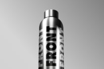 Silver metallic bottle mockup with black vertical letter branding on side
