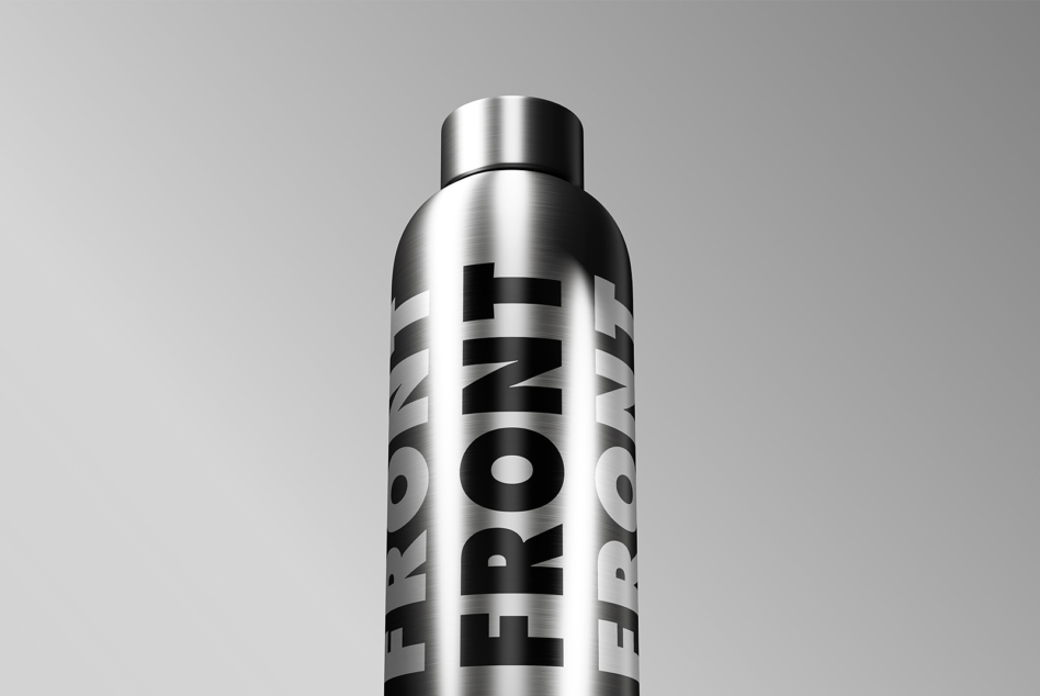 Silver metallic bottle mockup with black vertical letter branding on side
