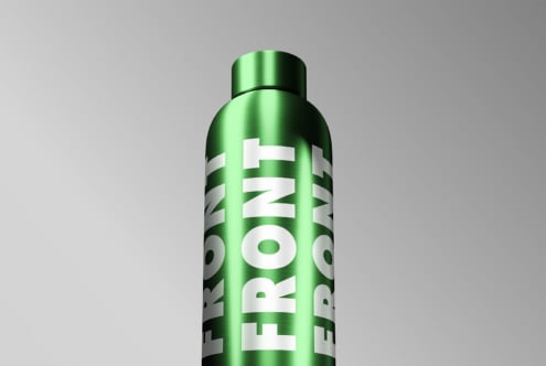 Bright green aerosol can mockup showing vertical white letter branding wraparound