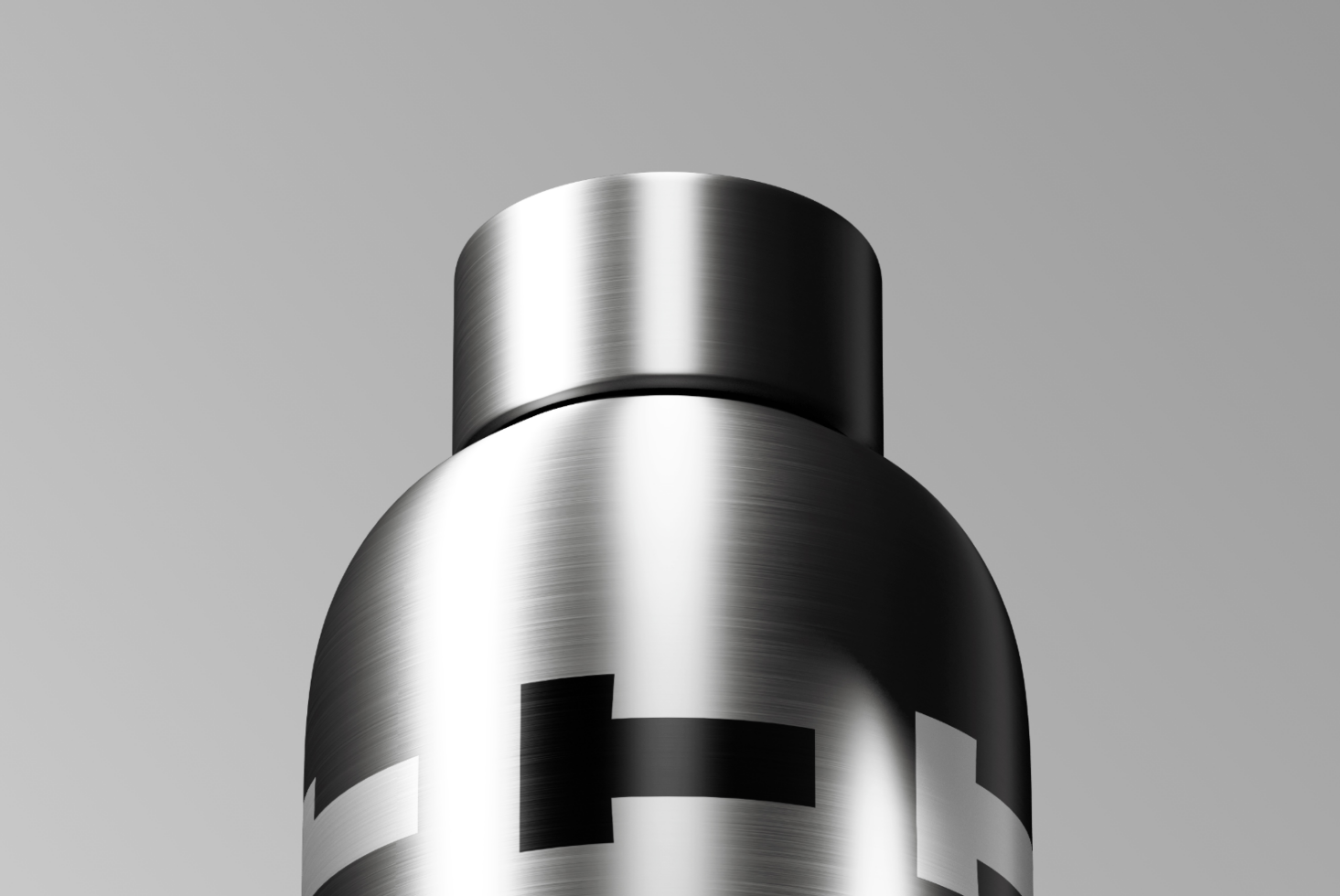 Stainless steel bottle with sleek modern design against gray background. Ideal for branding mockups and product visualizations for designers.