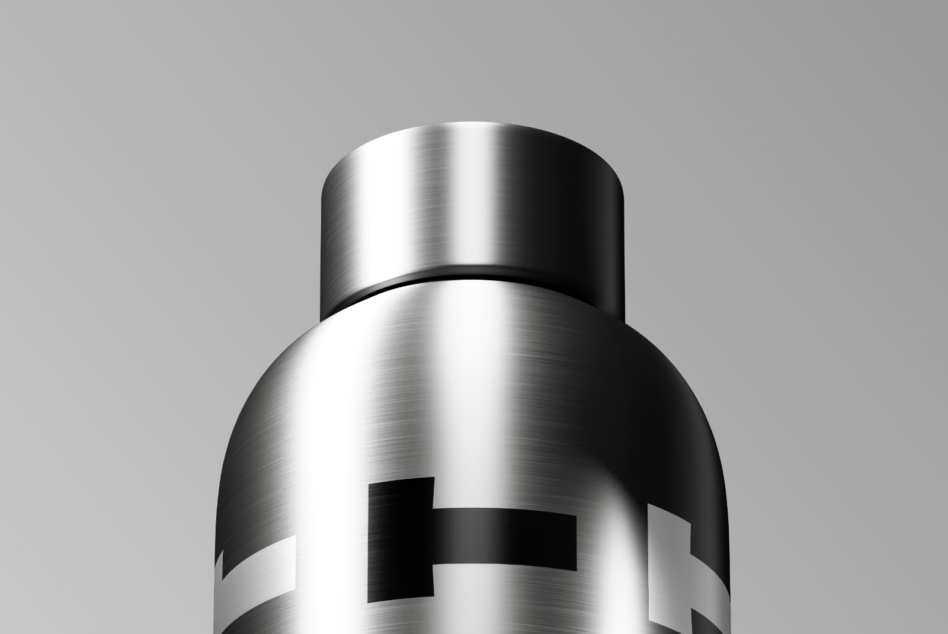 Chrome spray bottle mockup with black cross logo on polished metal finish