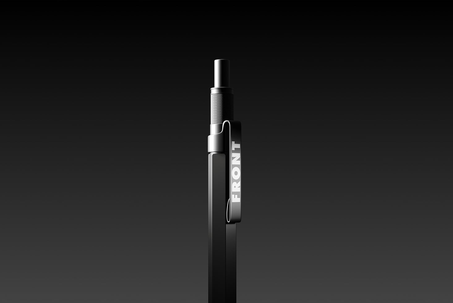 Sleek black pen mockup with a front-facing clip against a dark gradient background ideal for designers seeking premium stationery visuals in graphics projects.