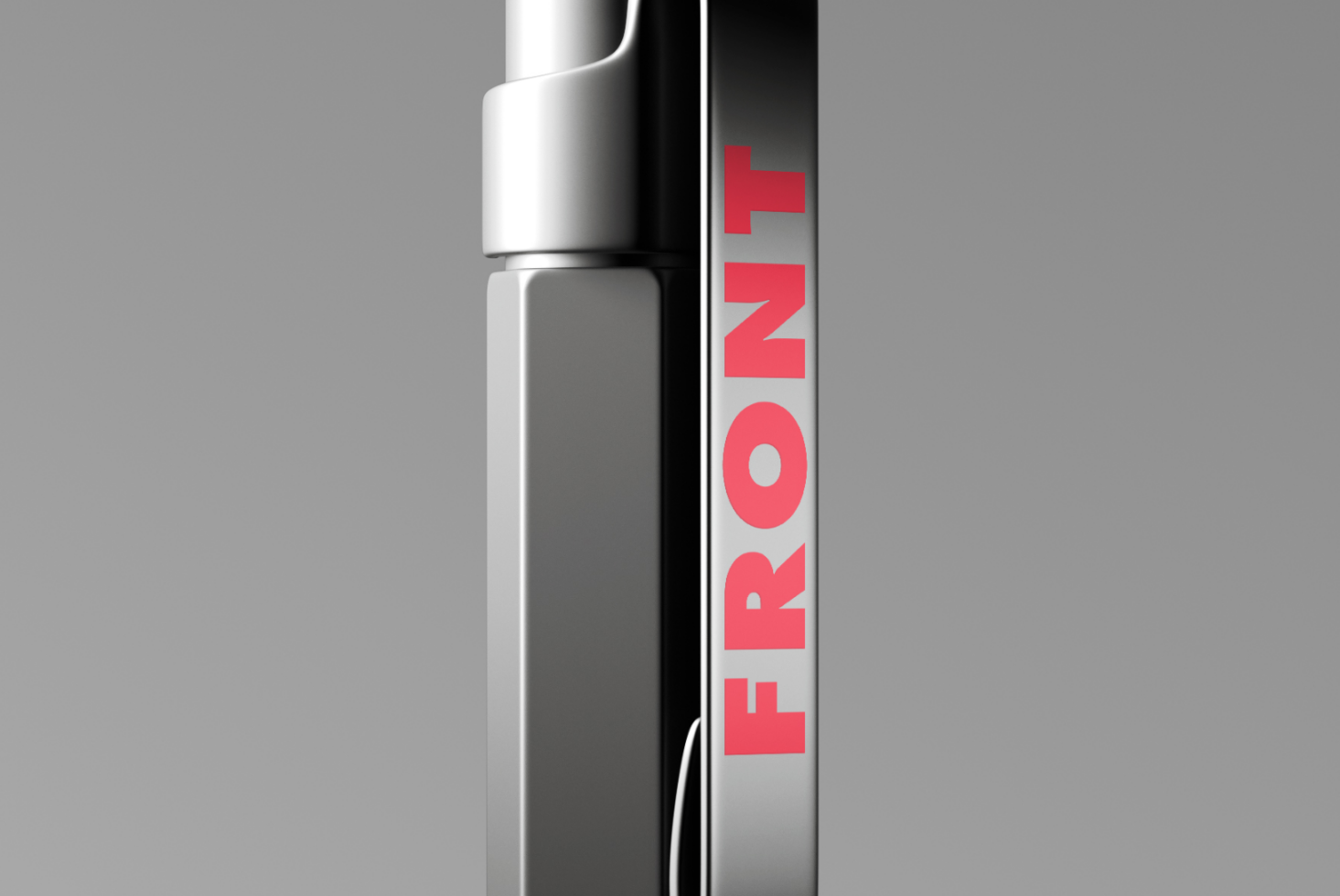 Close-up of sleek metallic spray bottle with bold red text FRONT against gray background. Ideal for product design mockups and branding templates.